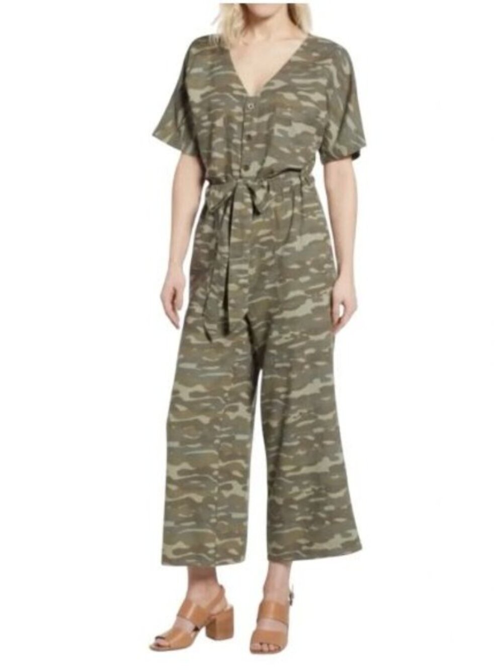 Caslon Linen Blend Camouflage Jumpsuit Size Lg Petite Green Wide Leg Casual Camo